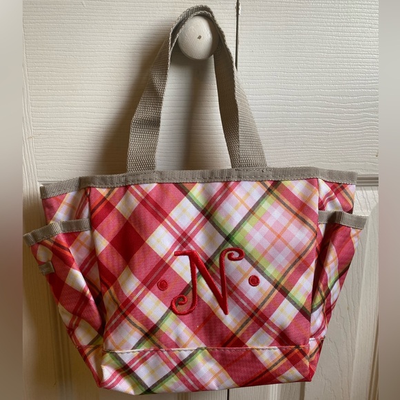 thirty-one Handbags - thirty-one Pink Plaid “Mad for Madras” Mini Tote- Red Monogrammed N